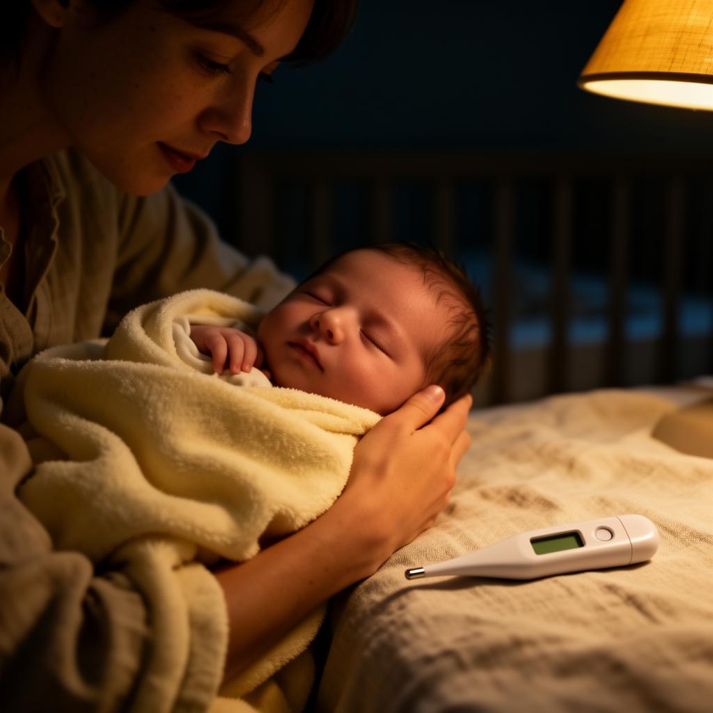 A calm parent holds a sleeping newborn under warm lamplight, a thermometer resting nearby on the soft bedding.